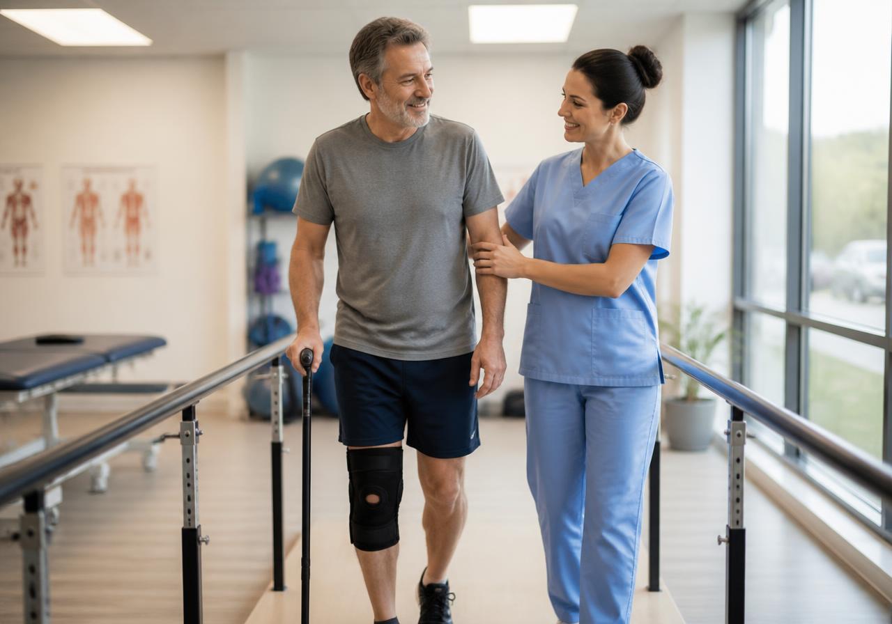 A physical therapist walks alongside a man recovering from a serious leg injury during a rehabilitation session.