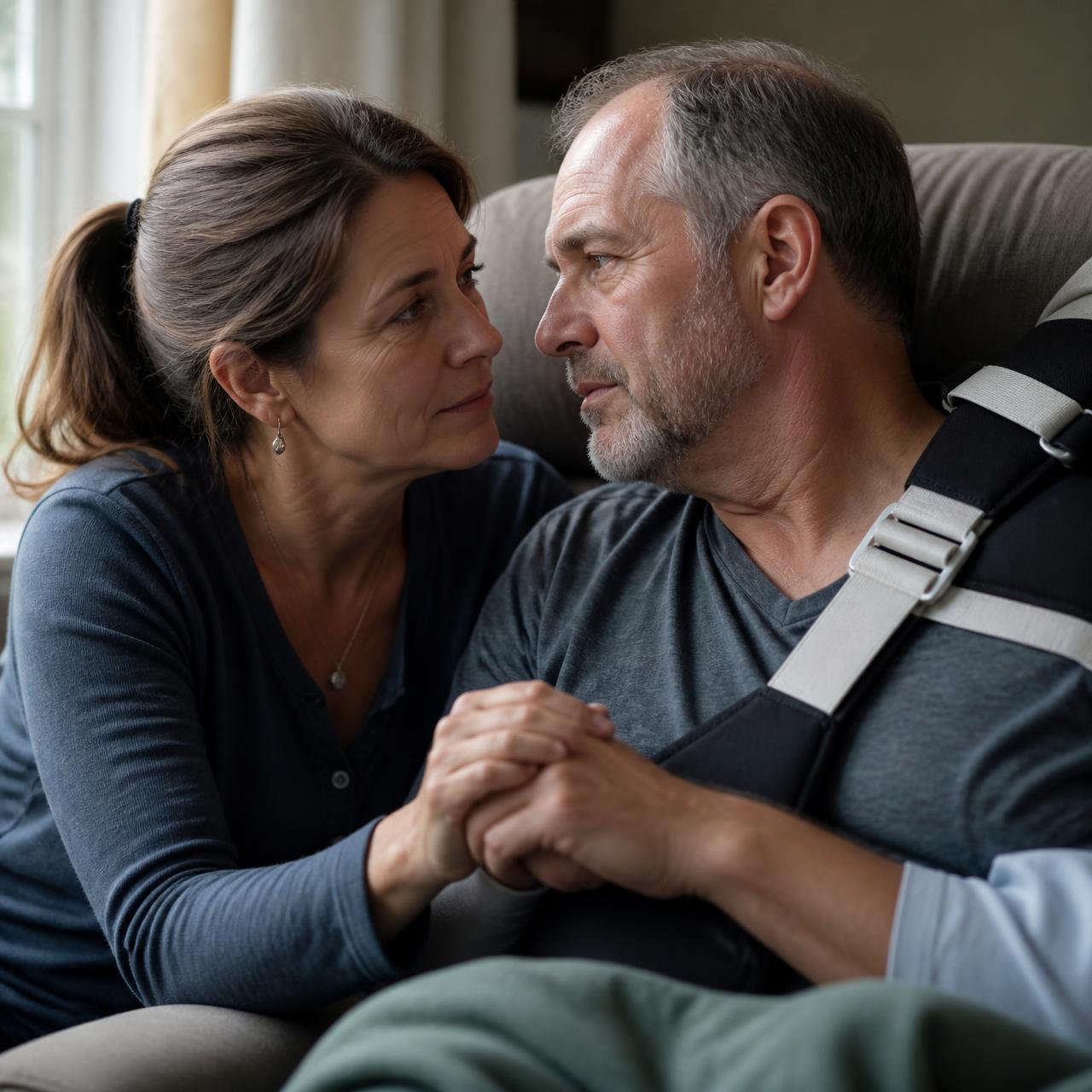 A wife sits close to her husband during his recovery from a serious injury, holding his hand with hope and determination.